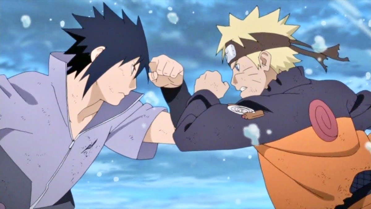 A still image fro the ‘Naruto: Shippuden’ anime showing Sasuke and Naruto about to engage in battle