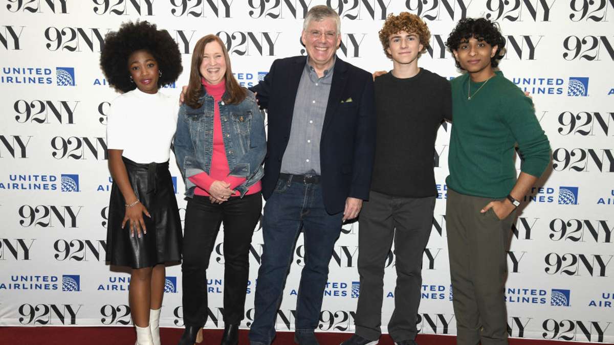 Leah Sava Jeffries, executive producer Becky Riordan, author Rick Riordan, Walker Scobell and Aryan Simhadri attend a discussion of Disney+'s Percy Jackson and the Olympians at The 92nd Street Y, New York on December 11, 2023 in New York City.