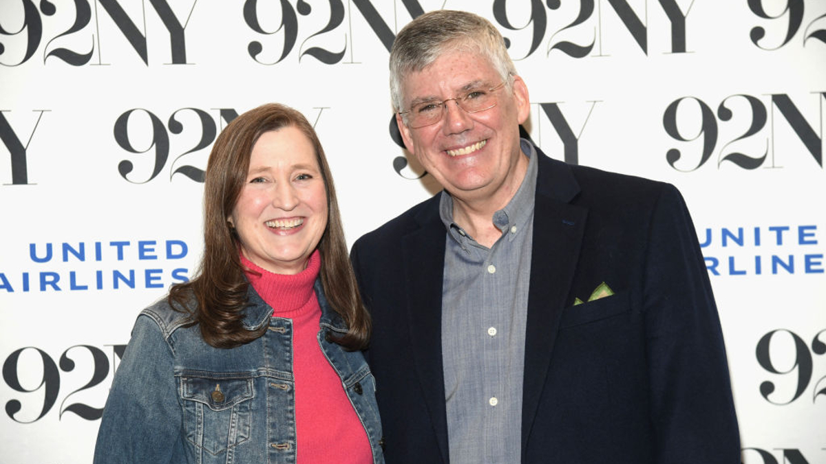 Executive producer Becky Riordan and author Rick Riordan attend a discussion of Disney+'s Percy Jackson and the Olympians at The 92nd Street Y, New York on December 11, 2023 in New York City. 