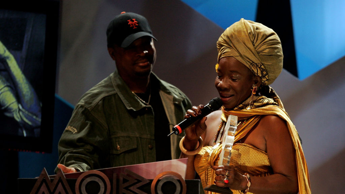 Rita Marley collects the posthumous Lifetime Achievement Award for Bob Marley on stage during the MOBO Awards 2005, the tenth anniversary of the annual music event, at the Royal Albert Hall on September 22, 2005 in London, England. 