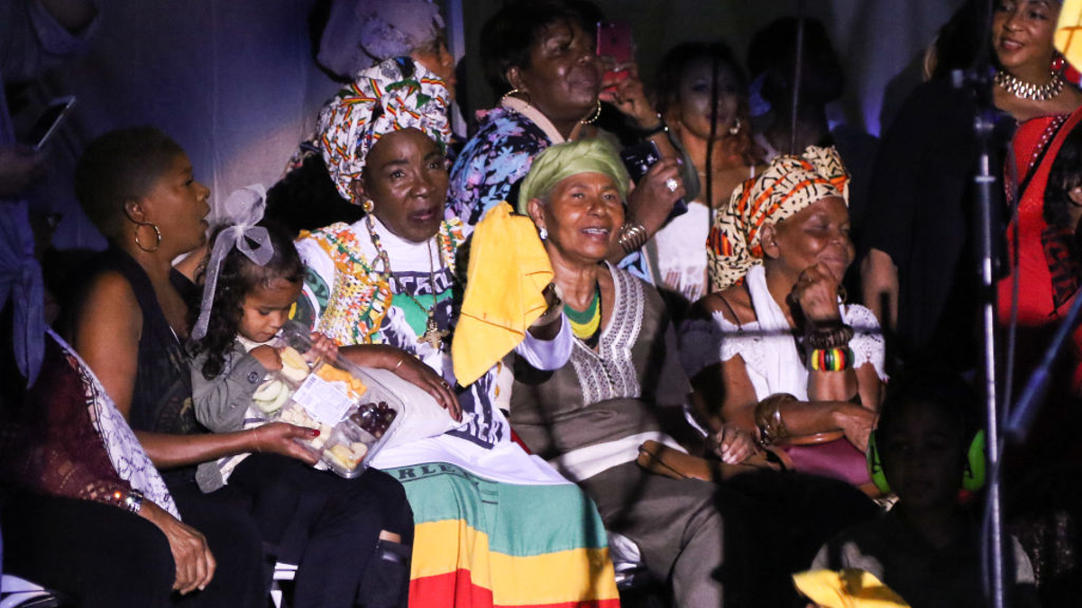 Rita Marley and family are seen at Kaya Fest at Bayfront Park Amphitheater on April 22, 2017 in Miami, Florida.