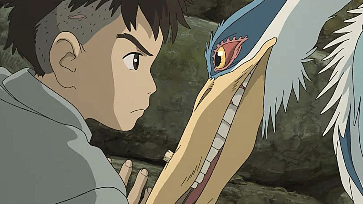 Mahito and the Grey Heron go to eye-to-eye in Hayao Miyazaki's 'The Boy and The Heron'.