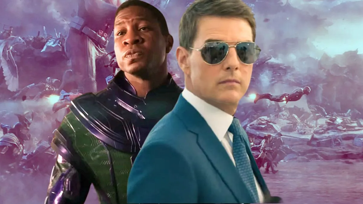 Tom Cruise's Ethan Hunt in shades from Mission: Impossible - Dead Reckoning and Jonathan Majors as Kang superimposed over a purple-hued screenshot of the Battle of Earth from Avengers: Endgame