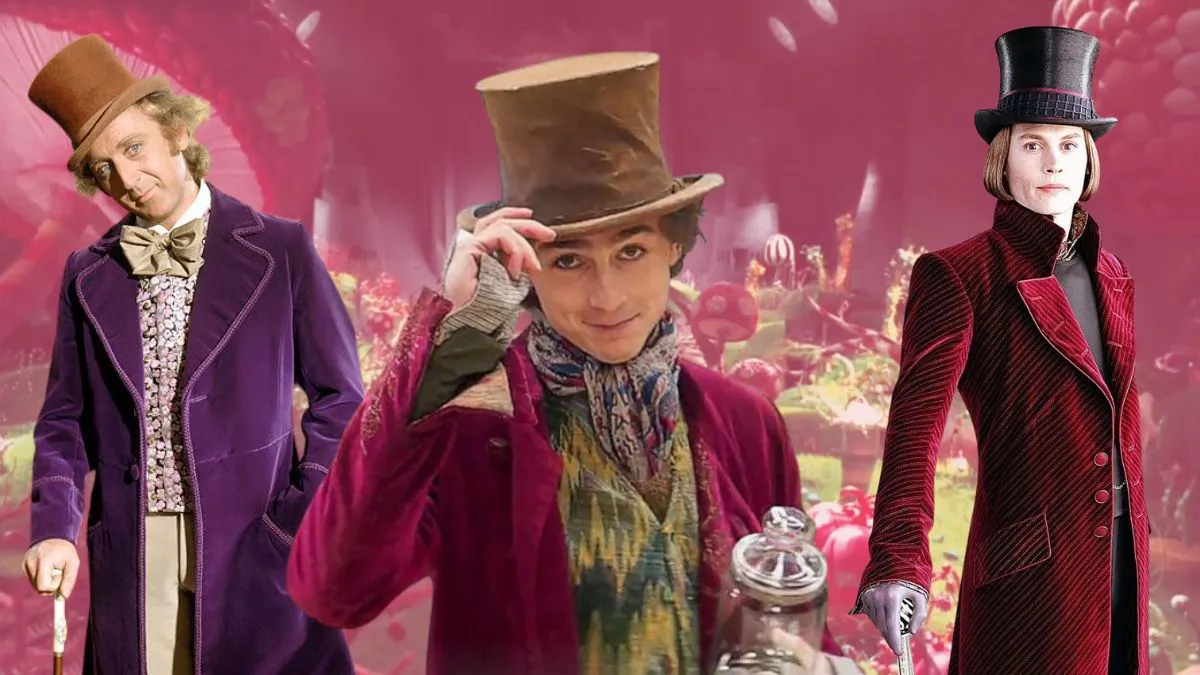 Gene Wilder, Timothee Chalamet and Johnny Depp's Willy Wonkas superimposed over a pink-hued photo of the chocolate factory from 2005's Charlie and the Chocolate Factory