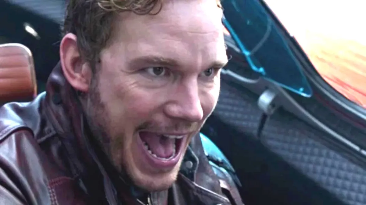 Chris Pratt as Star-Lord flying a ship on a daring mission