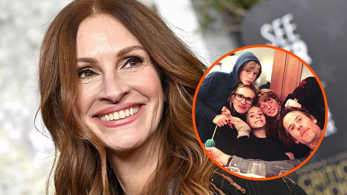 Photo montage of Julia Roberts dazzling the red carpet and a personal photo of her family, husband Danny Moder and children Hazel, Finn, and Henry.
