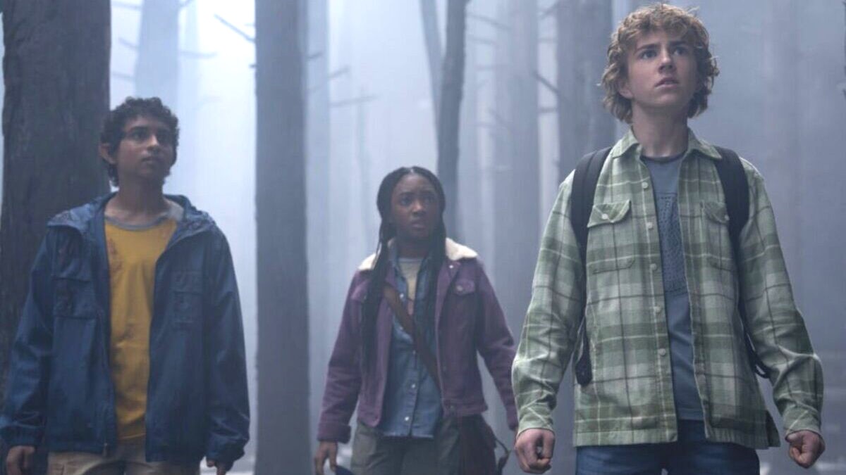 Grover (Aryan Simhadri), Annabeth (Leah Sava Jeffries), and Percy (Walker Scobell) walk through a misty wood in 'Percy Jackson and the Olympians'