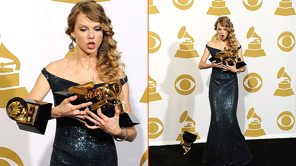 Photo montage of Taylor Swift at the 2010 Grammy Awards, dropping one of her many trophies because she doesn't have enough space in her arms to hold them all.
