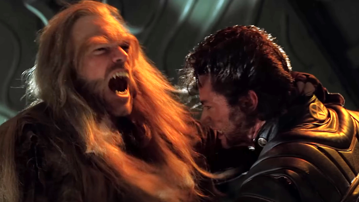 Tyler Mane's Sabretooth and Hugh Jackman's Wolverine battle it out in the Statue of Liberty in 2000's X-Men.