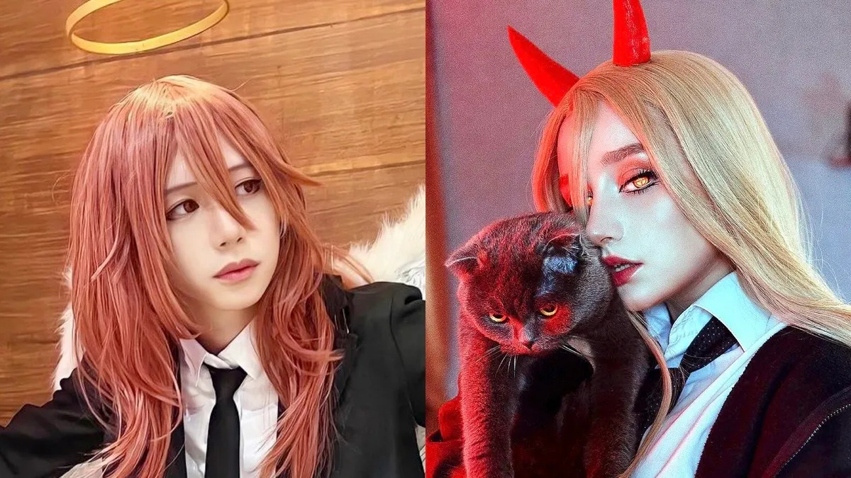 A split image of Calvin and Izanami, two cosplayers portraying characters from the manga/anime, ‘Chainsaw Man’