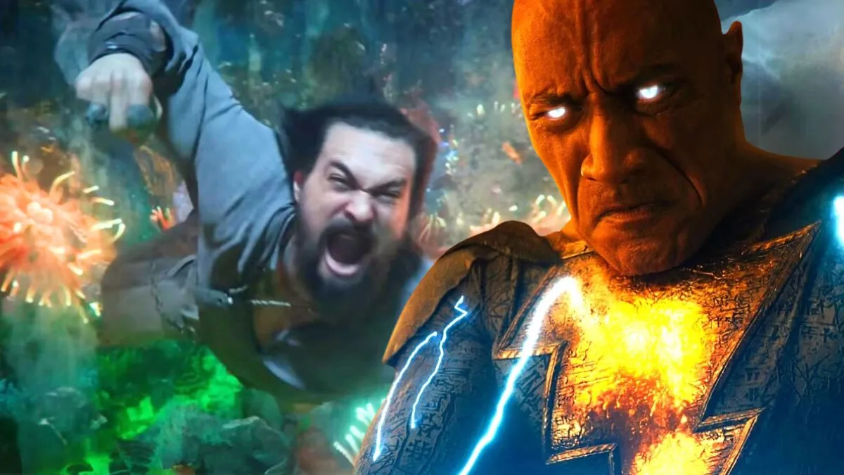 Jason Momoa'a Arthur Curry charges under the sea in Aquaman and the Lost Kingdom/A furious Black Adam (Dwayne Johnson) is charged with lightning