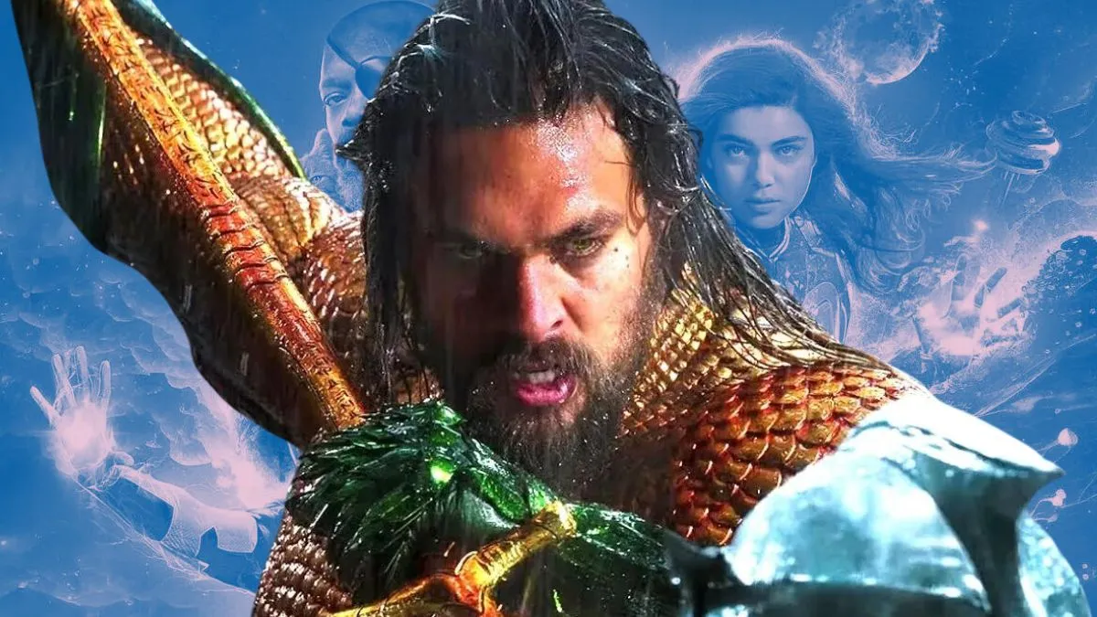 Aquaman wields his trident superimposed over a blue-hued poster for The Marvels