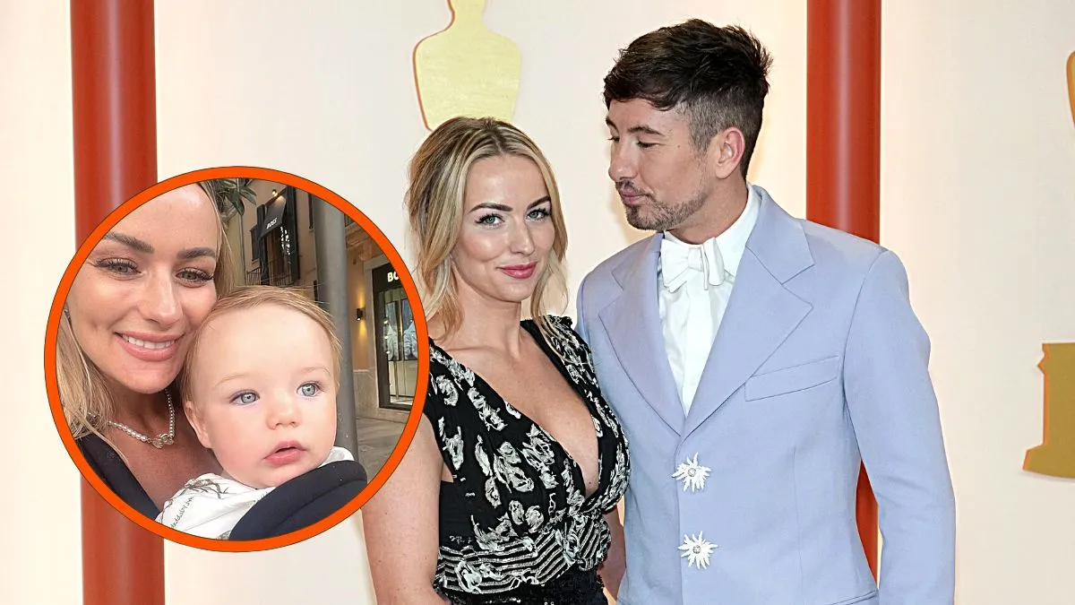 Photo montage of Barry Keoghan and ex-girlfriend Alyson Sandro at the 2023 Academy Awards and a photo from Sandro's Instagram where she happily poses with the couple's son Brando.