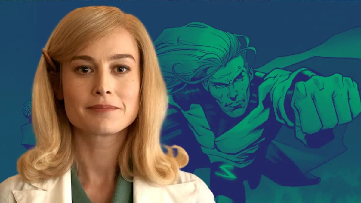 Brie Larson in Lessons in Chemistry overlaid on a green-hued image of Sentry from Marvel Comics