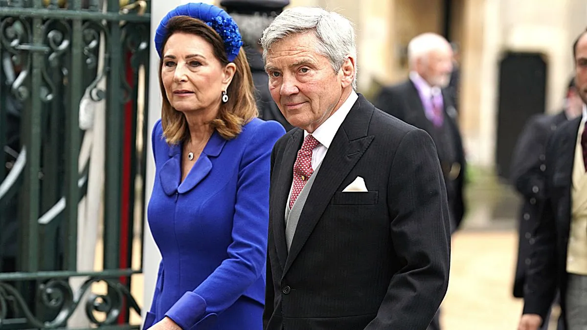 LONDON, ENGLAND - MAY 06: Michael Middleton and Carole Middleton, Catherine, Princess of Wales's parents arrive at the Coronation of King Charles III and Queen Camilla on May 6, 2023 in London, England.