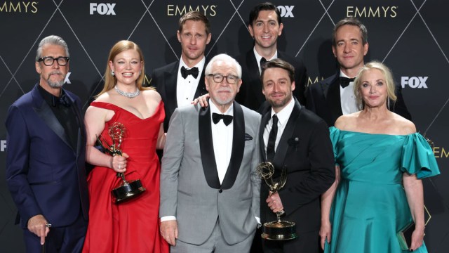 (L-R) Alan Ruck, Sarah Snook, Alexander Skarsgård, Brian Cox, Nicholas Braun, Kieran Culkin, Matthew Macfadyen, and J. Smith-Cameron, winners of Best Drama Series for "Succession," pose in the press room during the 75th Primetime Emmy Awards at Peacock Theater on January 15, 2024 in Los Angeles, California