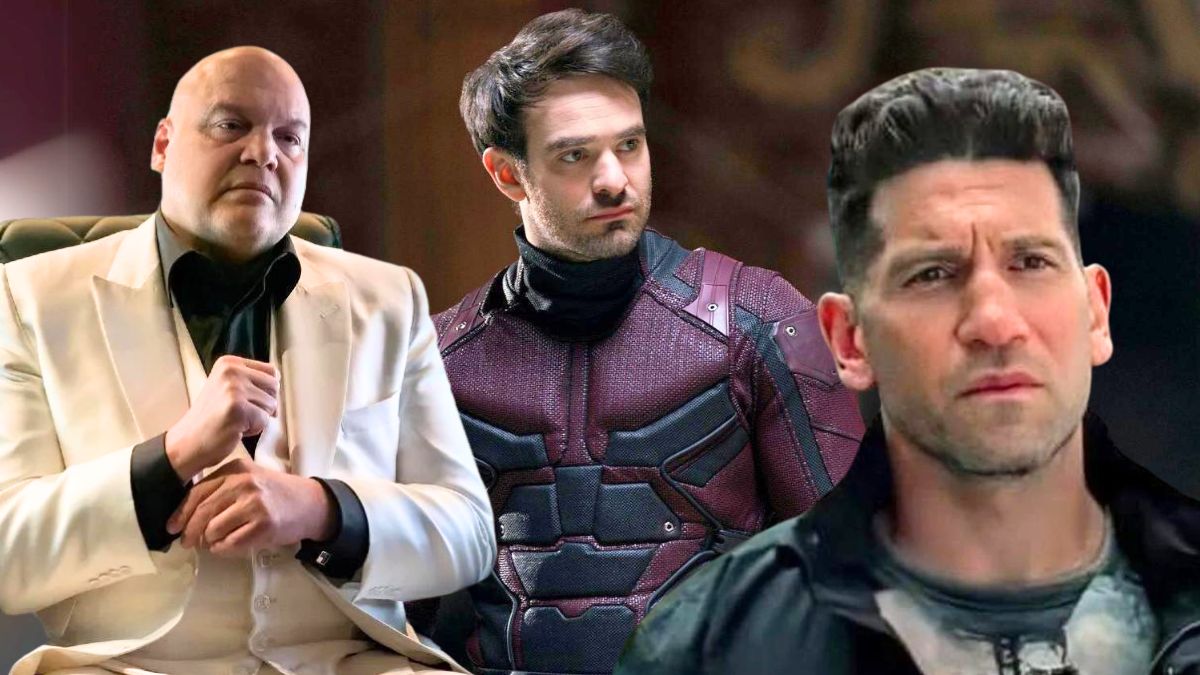 Collage of Kingpin (Vincent D'Onofrio), Daredevil (Charlie Cox), and Punisher (Jon Bernthal) from Netflix's Daredevil.