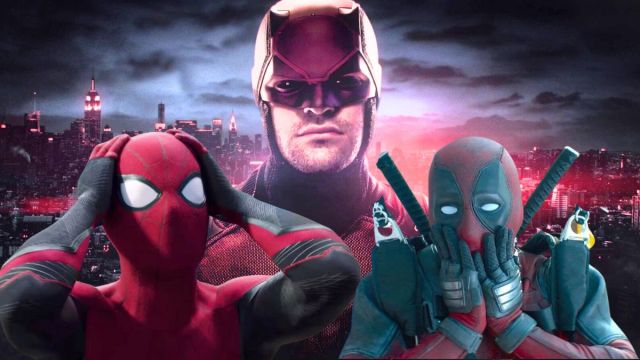 A shocked Spider-Man and Deadpool superimposed over a poster for Netflix's Daredevil