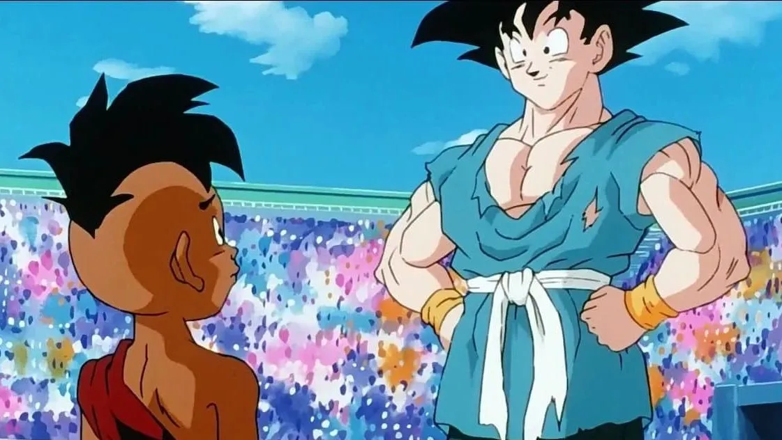 Uub and Goku in 'Dragon Ball Z' are looking at each other in an arena.