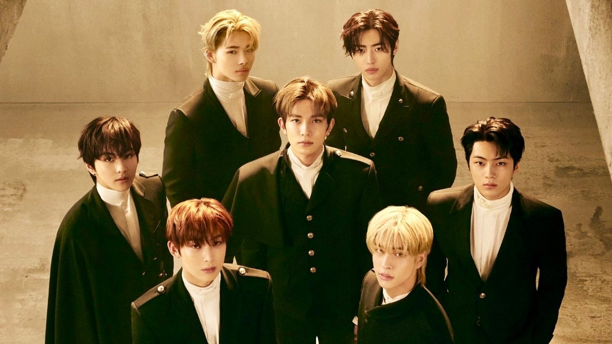 A promotional image of the K-pop group Enhypen’s “FATE World Tour” featuring all members looking at the camera
