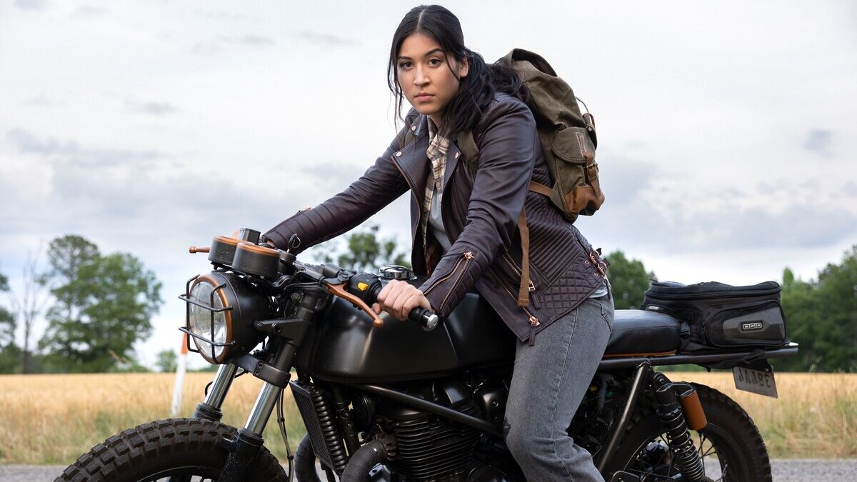 Maya Lopez (Alaqua Cox) poses on a motorcycle in a promo image for Echo .