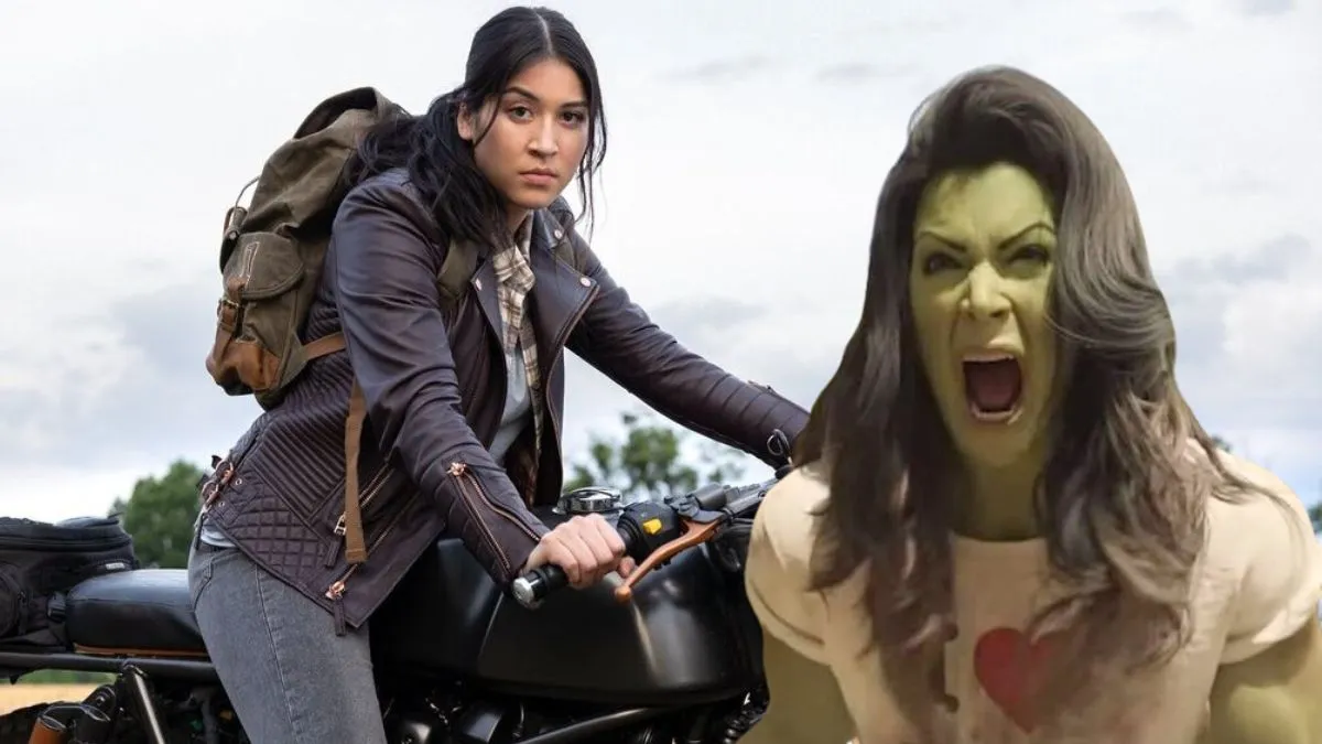 Alaqua Cox's Maya Lopez poses on a motorcycle in an Echo promo image/Tatiana Maslany's She-Hulk screams in anguish.