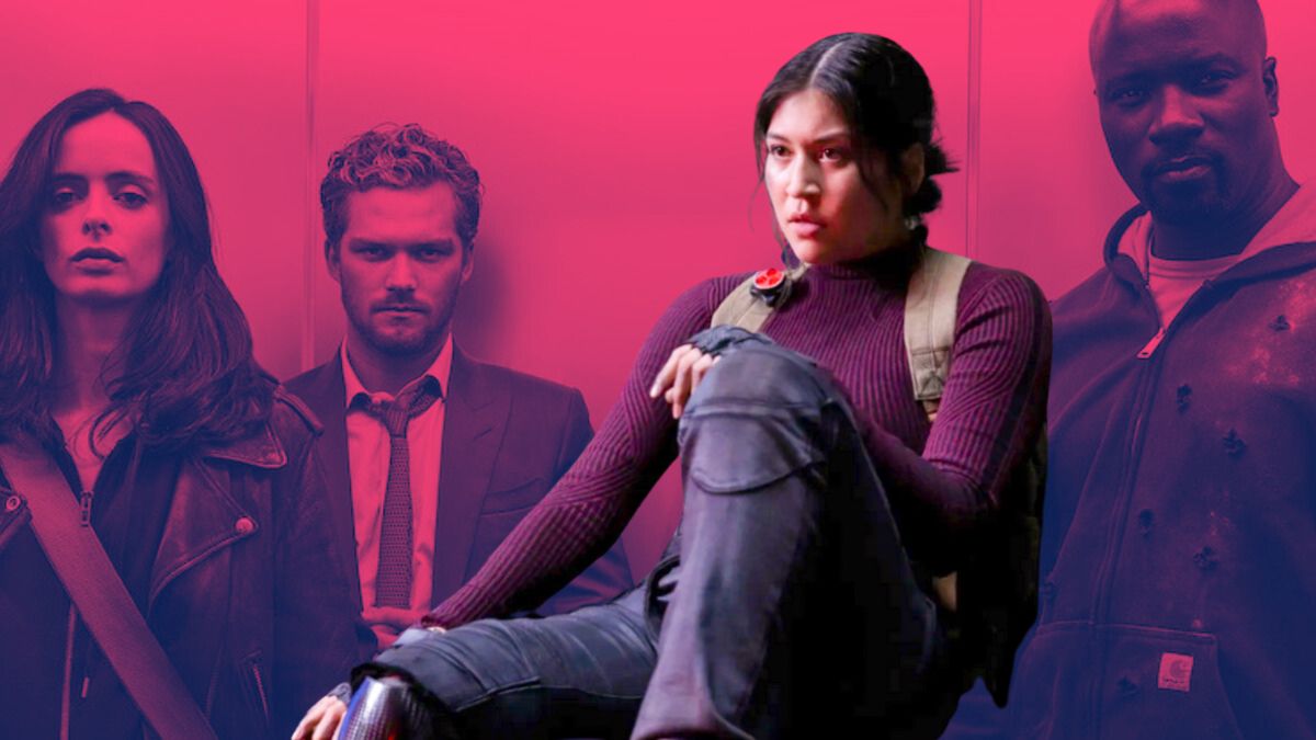Maya Lopez (Alaqua Cox) from Echo superimposed over a red-hued image of The Defenders.