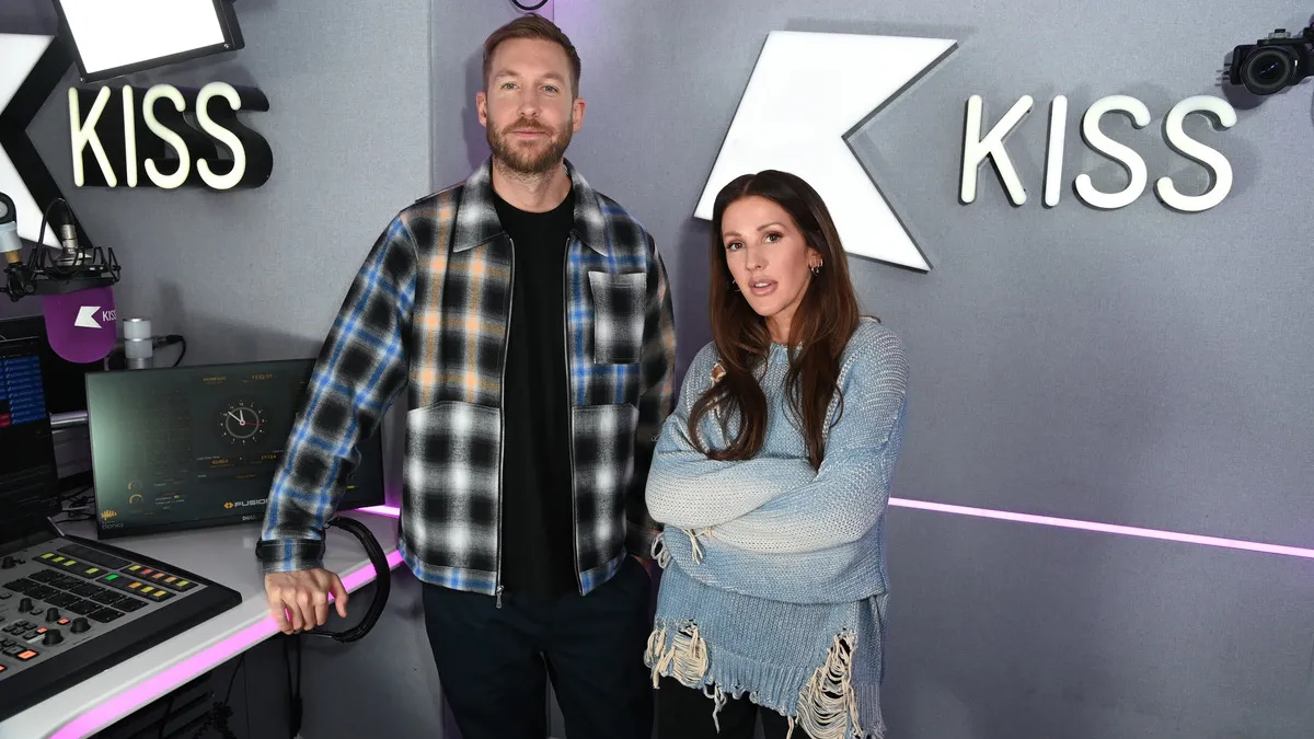 Calvin Harris and Ellie Goulding visit Kiss FM, 1 Golden Square on March 08, 2023 in London, England. 