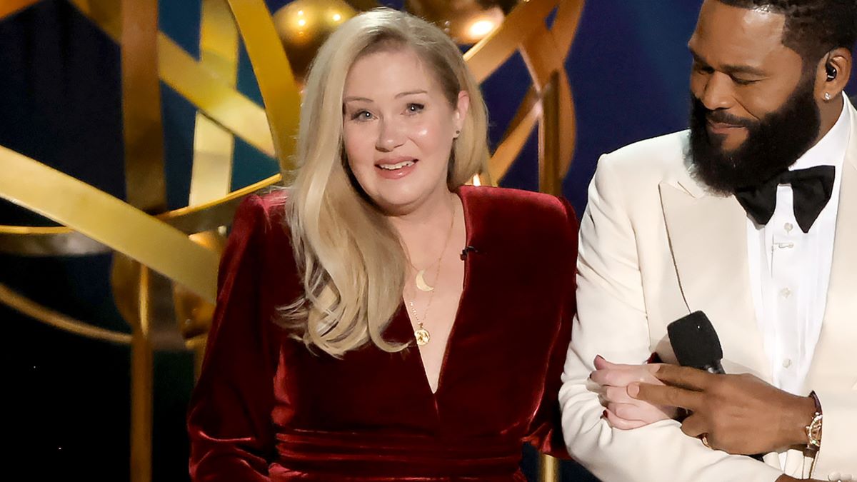 Christina Applegate and host Anthony Anderson speak onstage during the 75th Primetime Emmy Awards at Peacock Theater on January 15, 2024 in Los Angeles, California. (Photo by Kevin Winter/Getty Images)