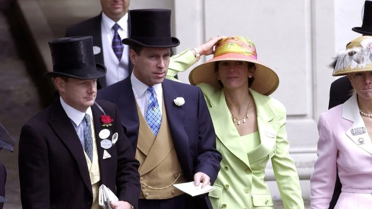 oyal Ascot Race Meeting Thursday - Ladies Day. Prince Andrew, Duke Of York and Ghislaine Maxwell At Ascot. With them are Edward (far left) and Caroline Stanley (far right), the Earl and Countess of Derby. (Photo by Tim Graham Photo Library via Getty Images)