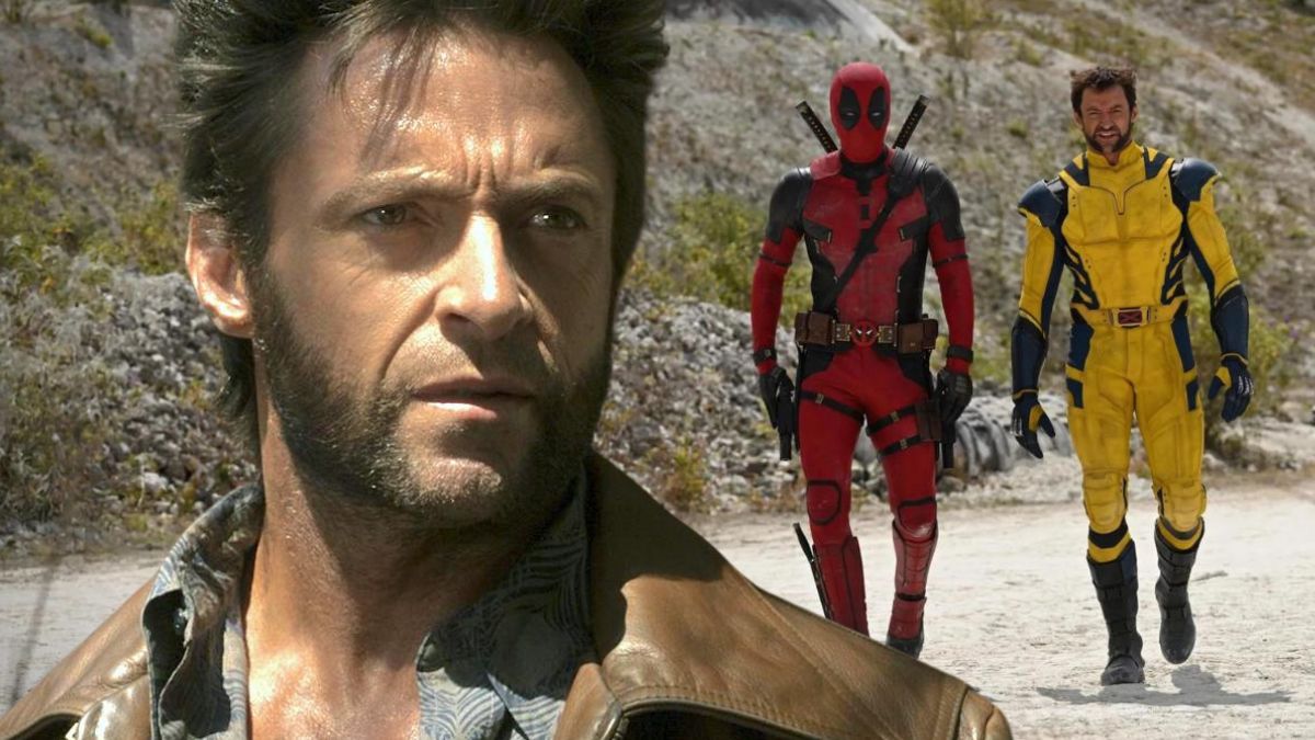 Hugh Jackman's Wolverine from X-Men: Days of Future Past superimposed over Deadpool 3 sneak peek image featuring Ryan Reynolds and Jackman in costume.