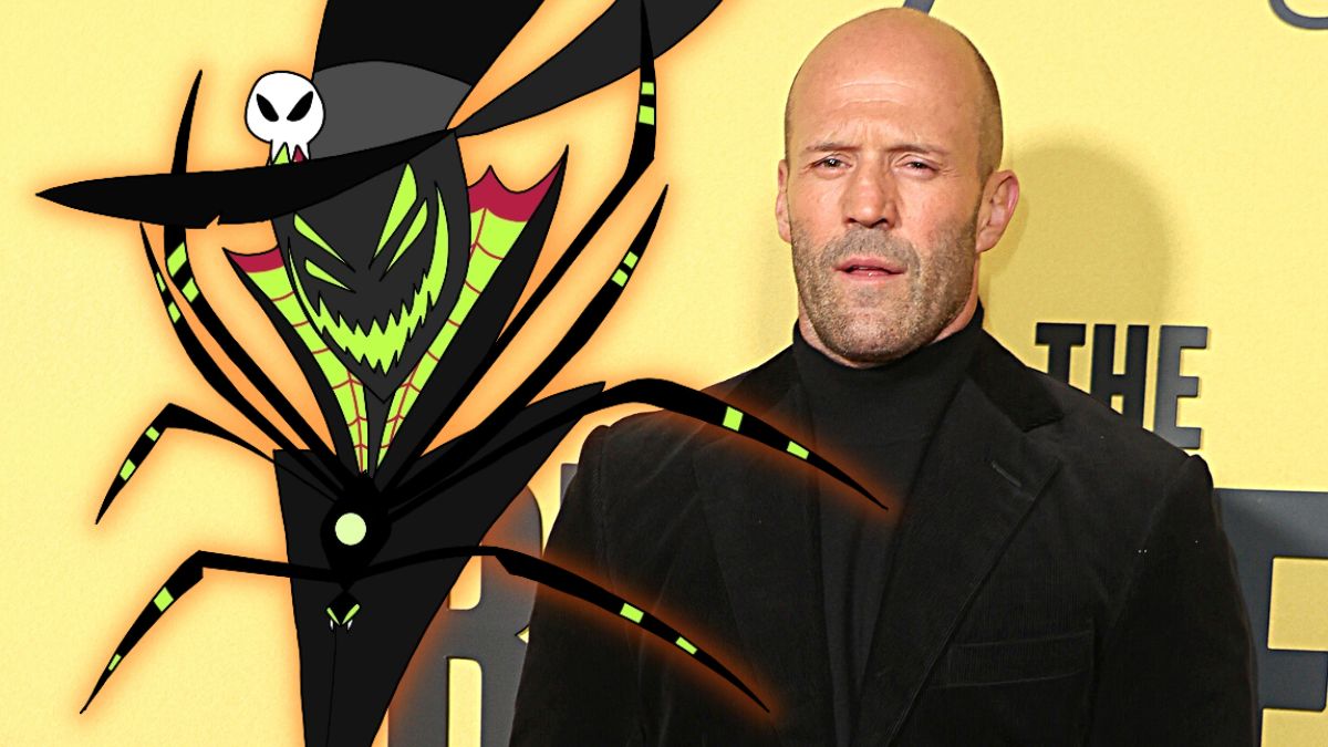 Photo montage of Jason Statham's red carpet appearance at the UK premier for 'The Beekeper' and 'Hazbin Hotel' animated character Zestial Morde.