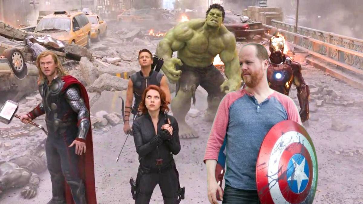 Joss Whedon holding Captain America's shield superimposed over the Avengers team-up shot during the Battle of New York