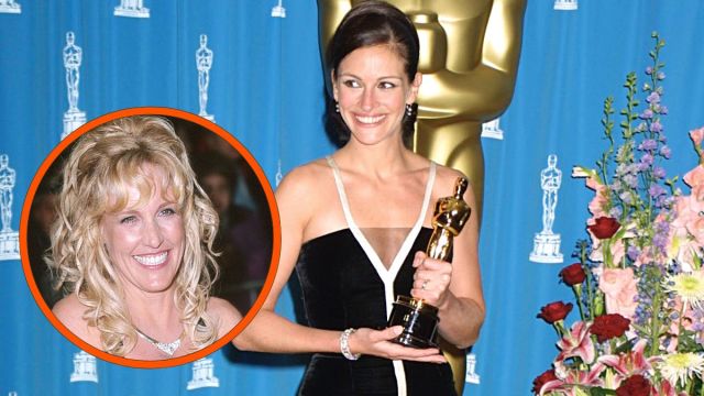 Photo montage of Julia Roberts in the press room at the 73rd Annual Academy Awards after winning the Oscar for Best Picture, and Erin Brockovich at the premiere for the film about her, where she's played by Roberts.