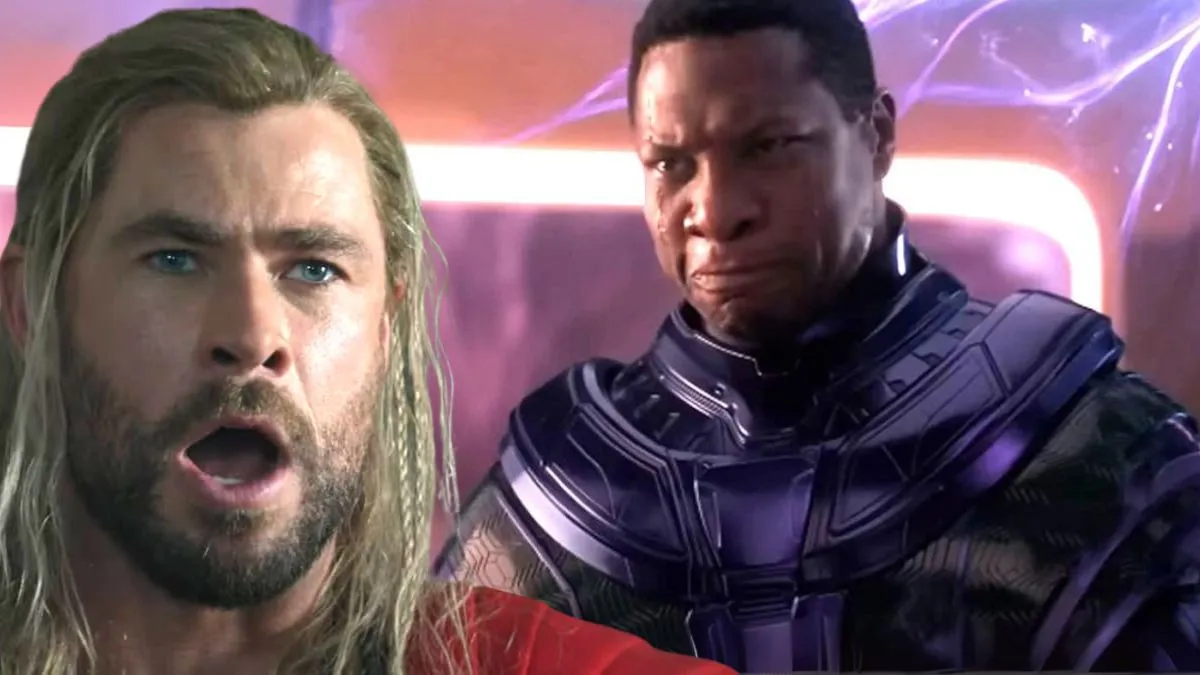 A shocked Thor from Thor: Love and Thunder/A grumpy-looking Kang from Ant-Man and the Wasp: Quantumania