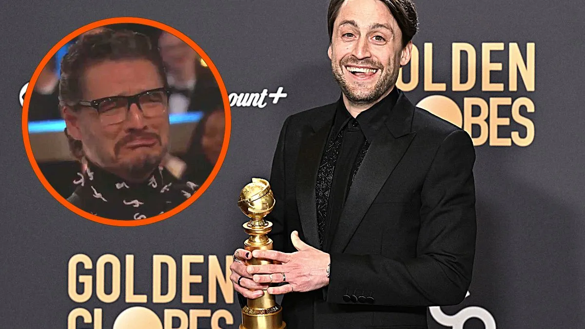Kieran Culkin poses with the award for Best Performance by a Male Actor in a Television Series Drama for his role in "Succession" at the 81st Golden Globe Awards held at the Beverly Hilton Hotel on January 7, 2024 in Beverly Hills, California. / Pedro Pascal's faux pout in reaction to Culkin's win.