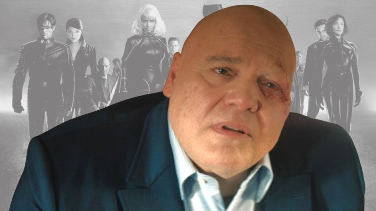 Wilson Fisk, with his scarred eye, from Echo superimposed over a silver-hued promo image of the X-Men from X2