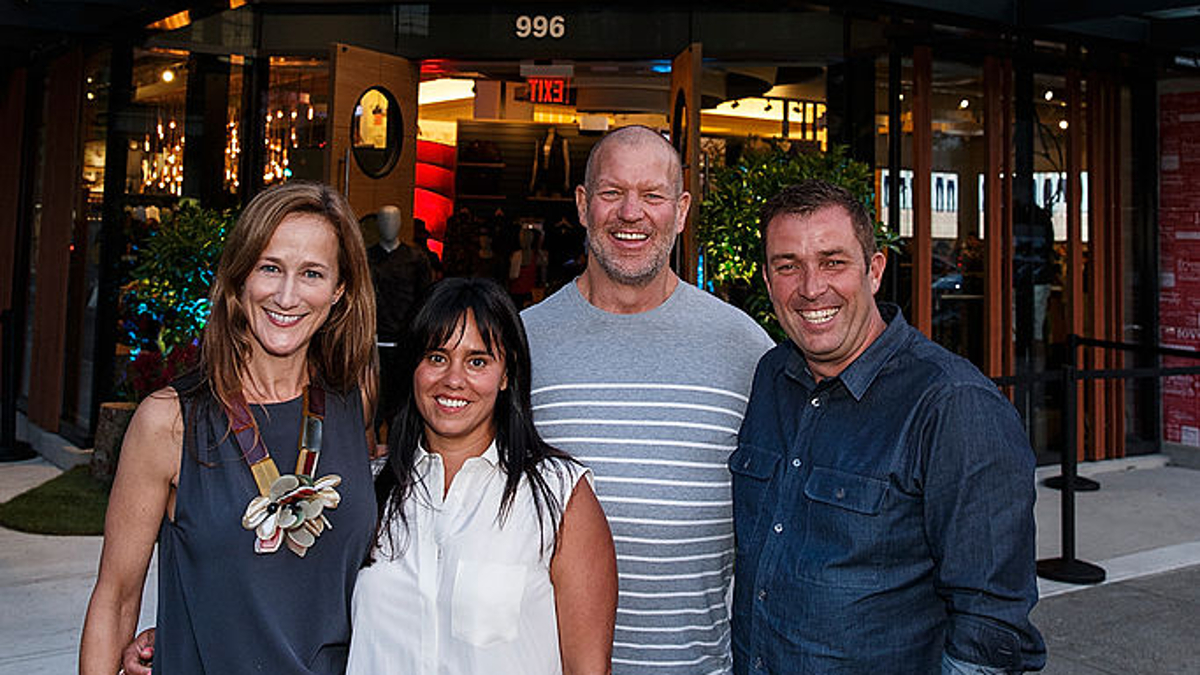 Chief Product Officer Tara Poseley, Executive Vice President Retail Operations Delaney Schweitzer, Lululemon Founder Chip Wilson and Lululemon CEO Laurent Potdevin attend the Lululemon Athletica flagship store opening party at 970 Robson Street on August 19, 2014 in Vancouver, Canada. 