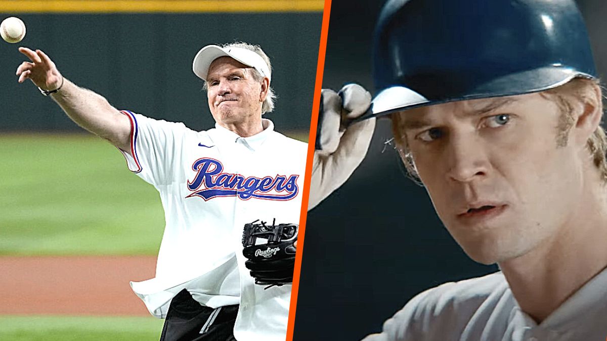 Photo montage of Rickey Hill throwing out a ceremonial first pitch before the game between the Texas Rangers and the Los Angeles Angels at Globe Life Field on August 16, 2023 in Arlington, Texas and a screencap from the film 'The Hill' where Colin Ford plays Rickey Hill.