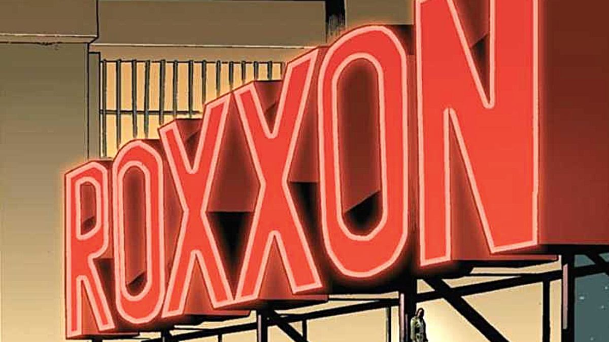 Logotipo neon vermelho brilhante da Roxxon apresentado na Marvel Comics