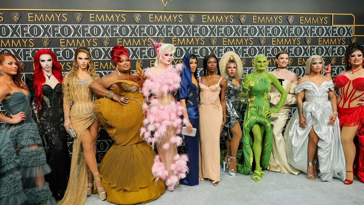 LOS ANGELES, CALIFORNIA - JANUARY 15: (L-R) Sasha Colby, Spice, Sugar, Malaysia Babydoll Foxx, Irene Dubois, Robin Fierce, Luxx Noir London, Jax, Princess Poppy, Marcia Marcia Marcia, Aura Mayari, and Salina EsTitties attend the 75th Primetime Emmy Awards at Peacock Theater on January 15, 2024 in Los Angeles, California. (Photo by Neilson Barnard/Getty Images)