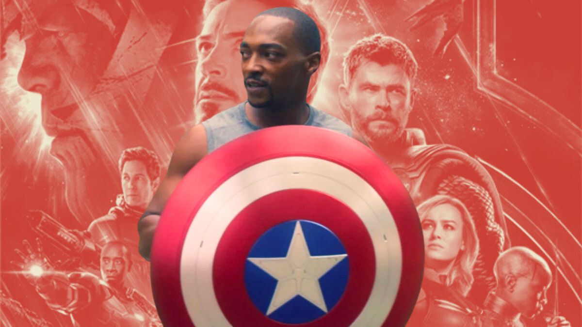 Anthony Mackie's Sam Wilson wields the Captain America shield superimposed over an orange-hued poster for Avengers: Endgame