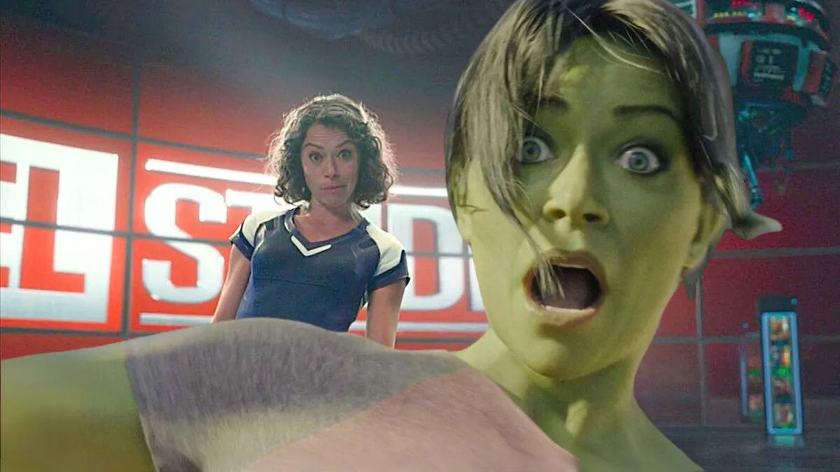 She-Hulk looking alarmed superimposed over a still of Jen Walters looking at the camera in front of the Marvel Studios logo