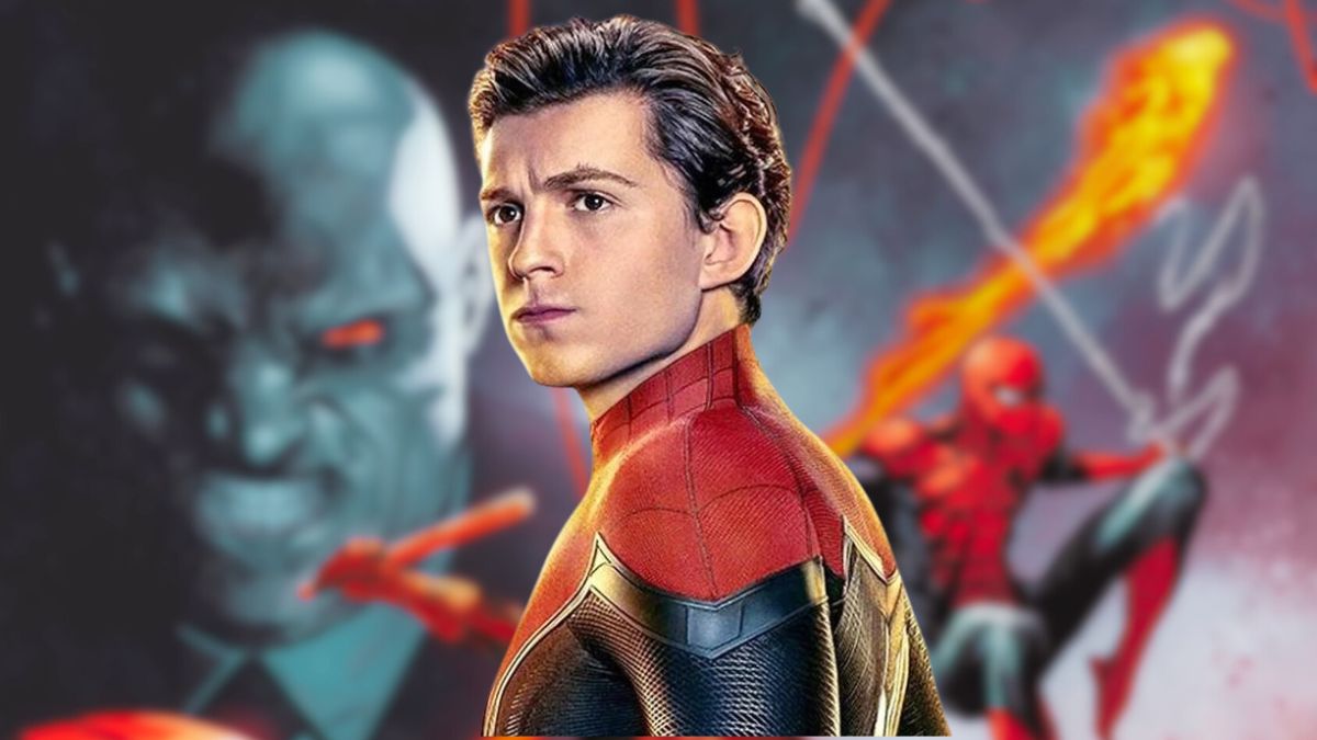 Tom Holland's Spider-Man from a No Way Home poster superimposed over the cover for Marvel's Devil's Reign #1