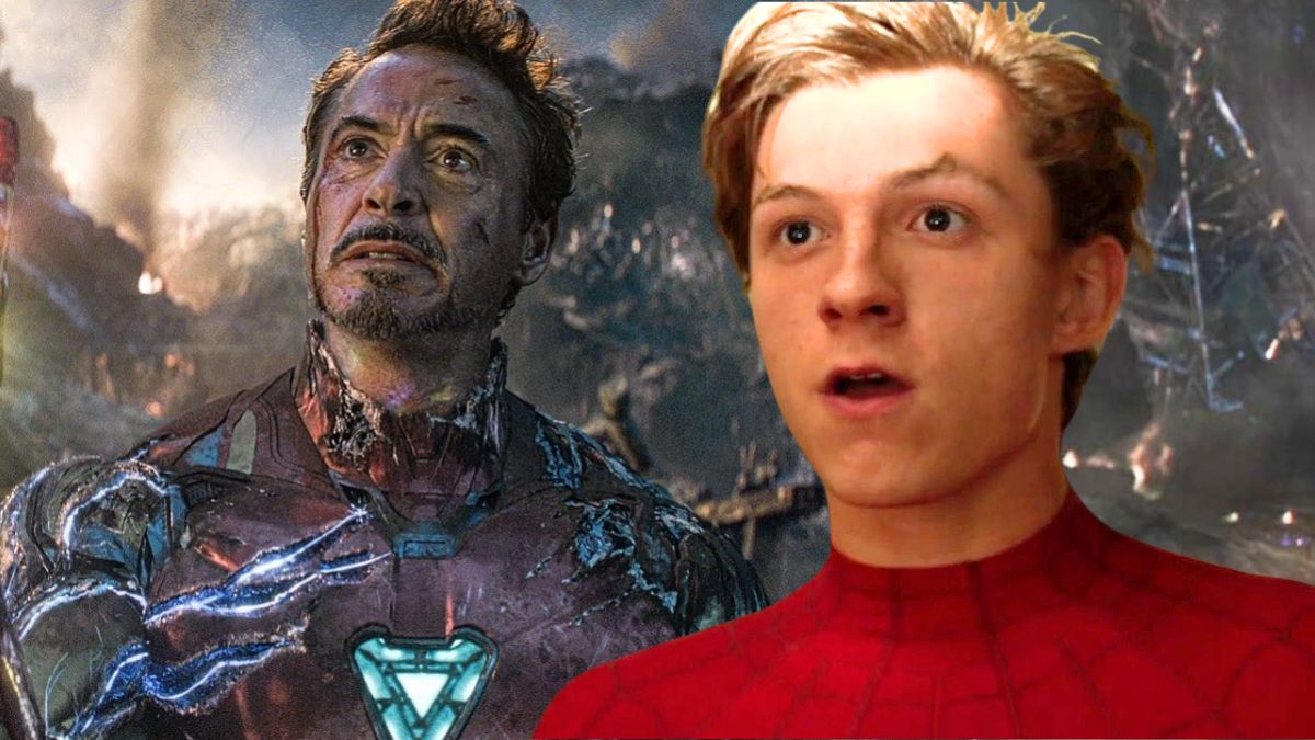 Iron Man's death in Avengers: Endgame blended with Tom Holland's Peter Parker looking shocked in Spider-Man: Homecoming