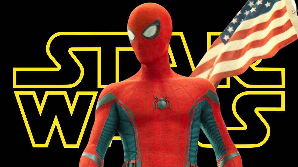 Spider-Man standing in front of the American flag superimposed over the Star Wars logo.