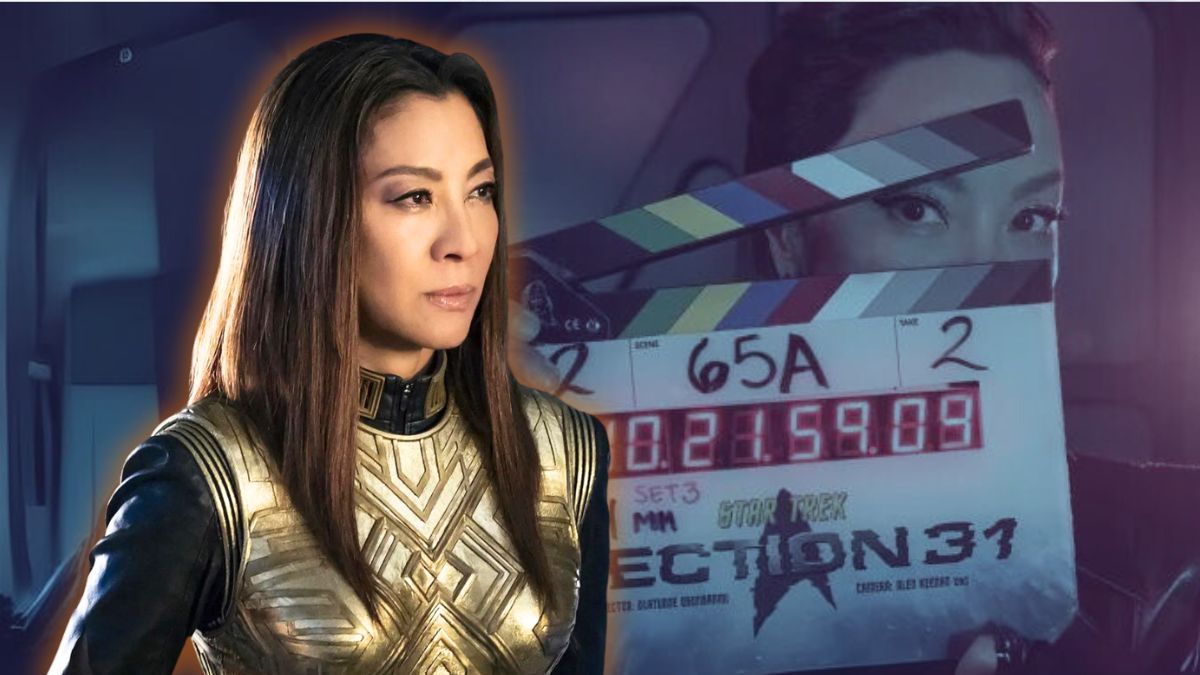 Michelle Yeoh as Empress Phillipa Georgiou in Star Trek: Discovery/Yeoh holding up a clapboard on set of Star Trek: Section 31