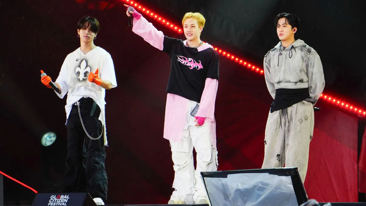 NEW YORK, NEW YORK - SEPTEMBER 23: Bang Chan, Changbin, and Han of Kpop band 3RACHA/Stray Kids are seen at the 2023 Global Citizen Festival on September 22, 2023 in New York City. (Photo by Gotham/WireImage)