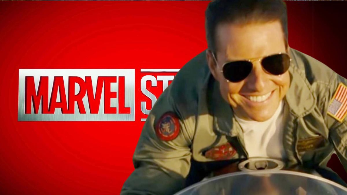 Tom Cruise rides a motorcycle with a grin on his face in Top Gun: Maverick/the Marvel Studios logo