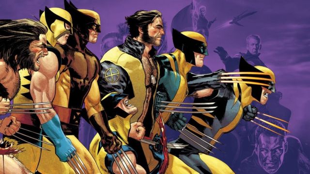 The evolution of Wolverine placed over a purple-hued poster for X-Men: Days of Future Past